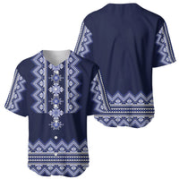 Two navy baseball jerseys: front folk placket, back geometric hem border