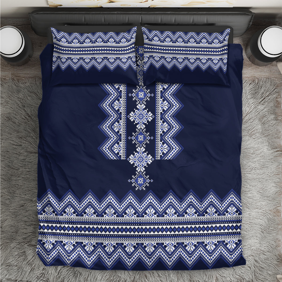 Navy blue bedding set with white and blue geometric folk pattern duvet and two pillow covers
