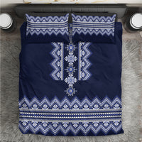 Navy blue bedding set with white and blue geometric folk pattern duvet and two pillow covers