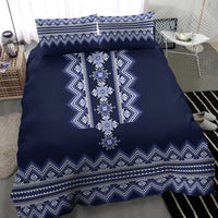 Navy blue bedding set featuring vertical white-blue folk motif on a duvet with two pillowcases