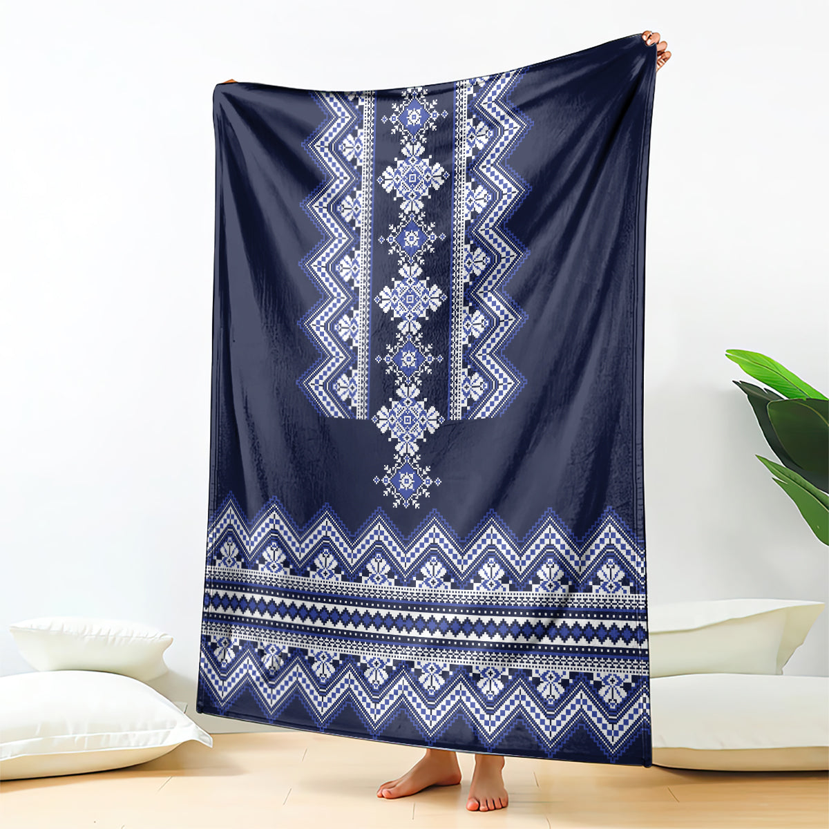 Ukrainian folk pattern blanket in dark navy with white and blue geometric border
