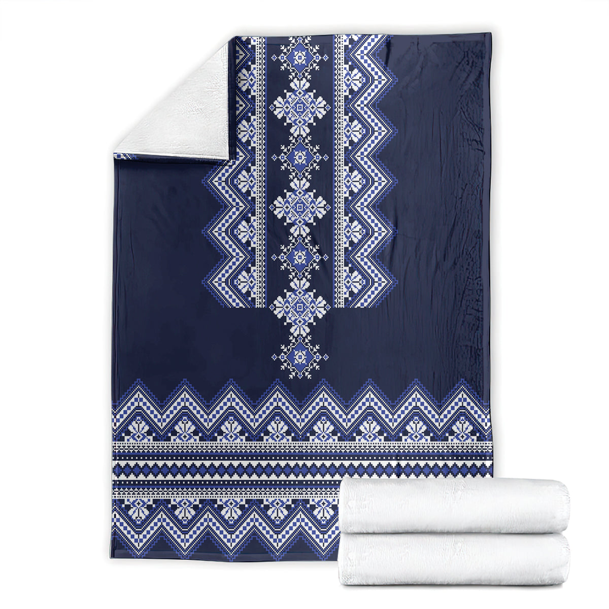 Ukrainian folk pattern blanket shown flat, dark navy with blue-and-white folk motifs
