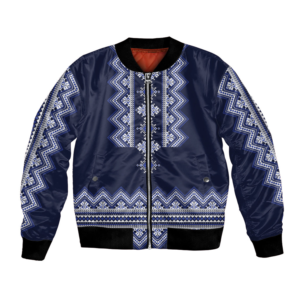 Navy blue bomber jacket with white-blue folk pattern, full front zipper, ribbed trim