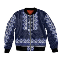 Navy blue bomber jacket with white-blue folk pattern, full front zipper, ribbed trim