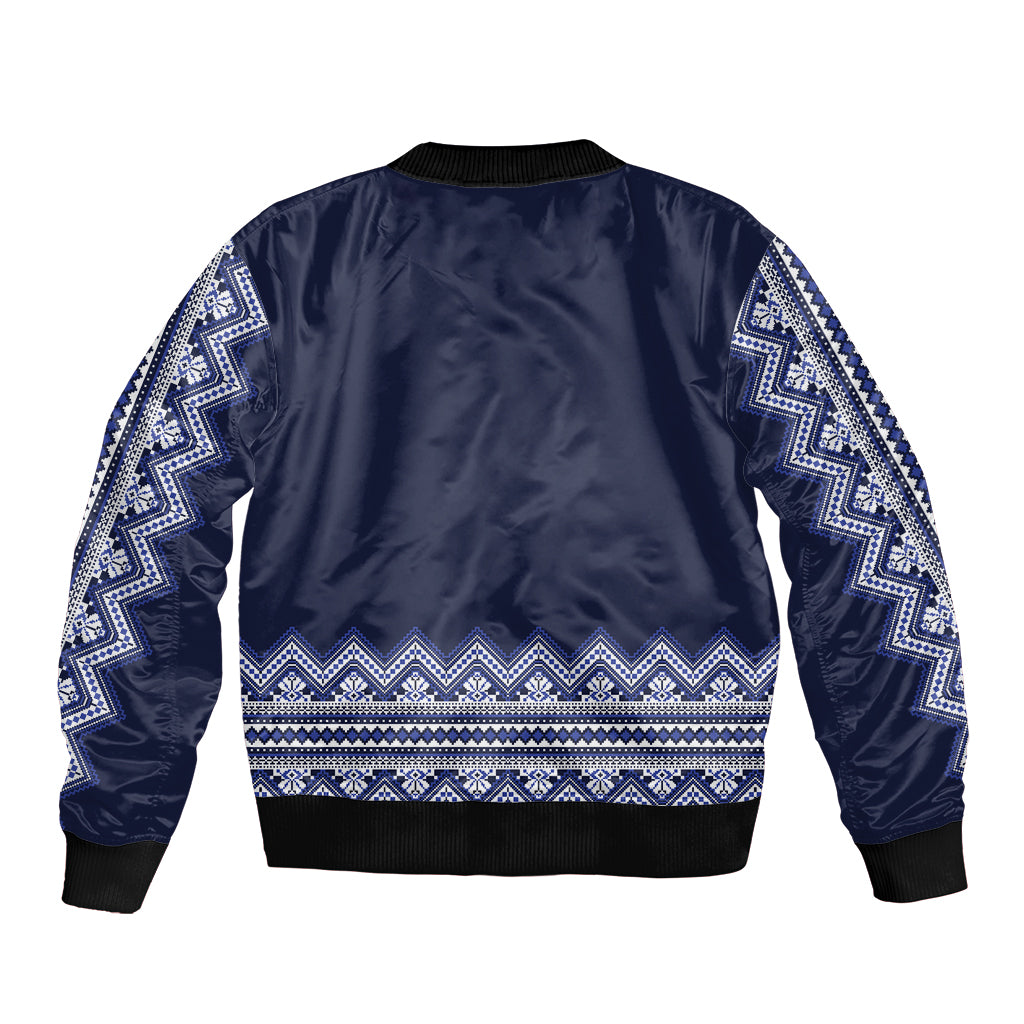 Navy blue bomber jacket with white-blue folk stripe pattern on back, ribbed hem and cuffs