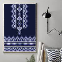 Navy blue Ukrainian folk pattern canvas wall art with geometric border bands