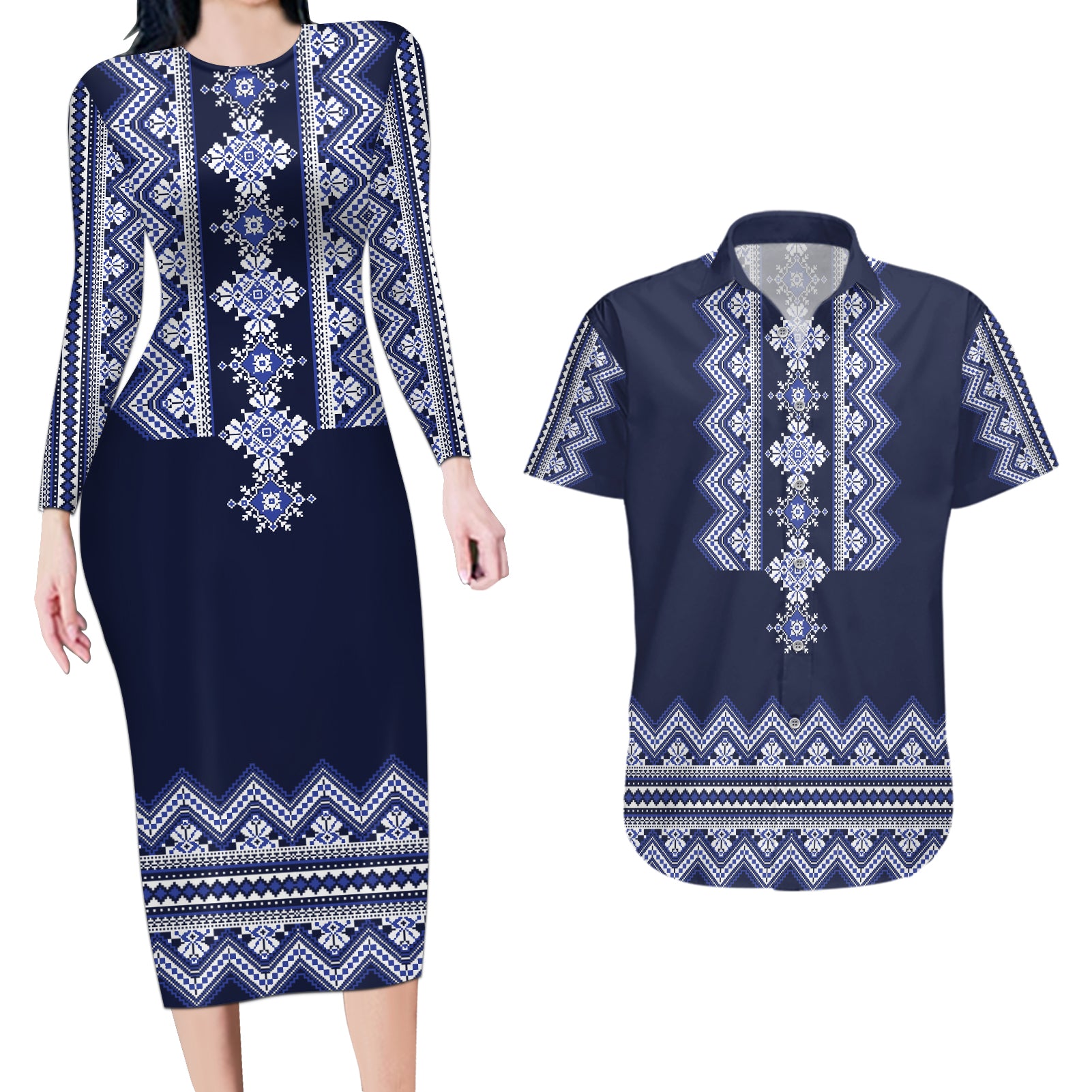 Ukraine Folk Pattern Couples Matching Long Sleeve Bodycon Dress and Hawaiian Shirt Ukrainian Navy Blue Version - Wonder Print Shop