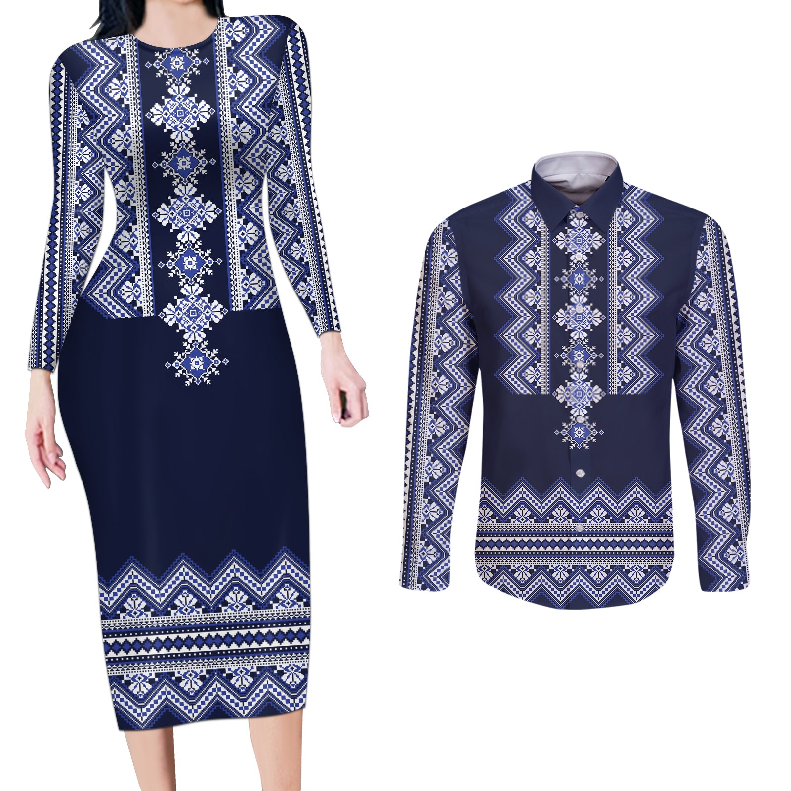 Ukraine Folk Pattern Couples Matching Long Sleeve Bodycon Dress and Long Sleeve Button Shirt Ukrainian Navy Blue Version - Wonder Print Shop