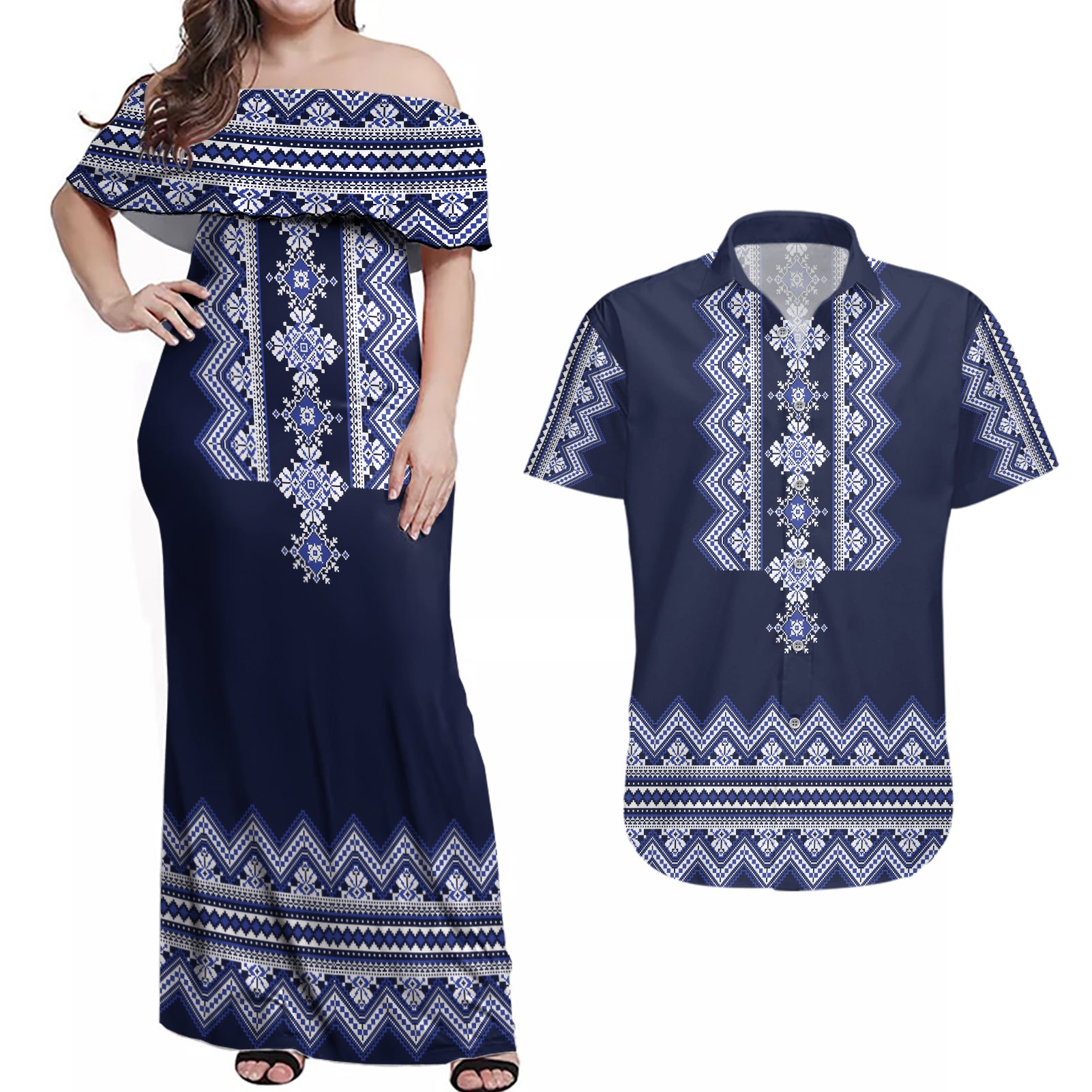 Ukraine Folk Pattern Couples Matching Off Shoulder Maxi Dress and Hawaiian Shirt Ukrainian Navy Blue Version - Wonder Print Shop