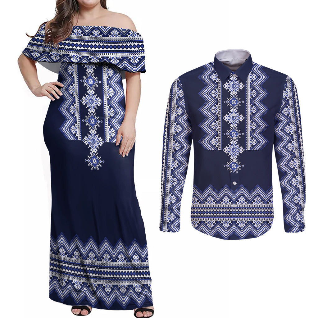 Ukraine Folk Pattern Couples Matching Off Shoulder Maxi Dress and Long Sleeve Button Shirt Ukrainian Navy Blue Version - Wonder Print Shop