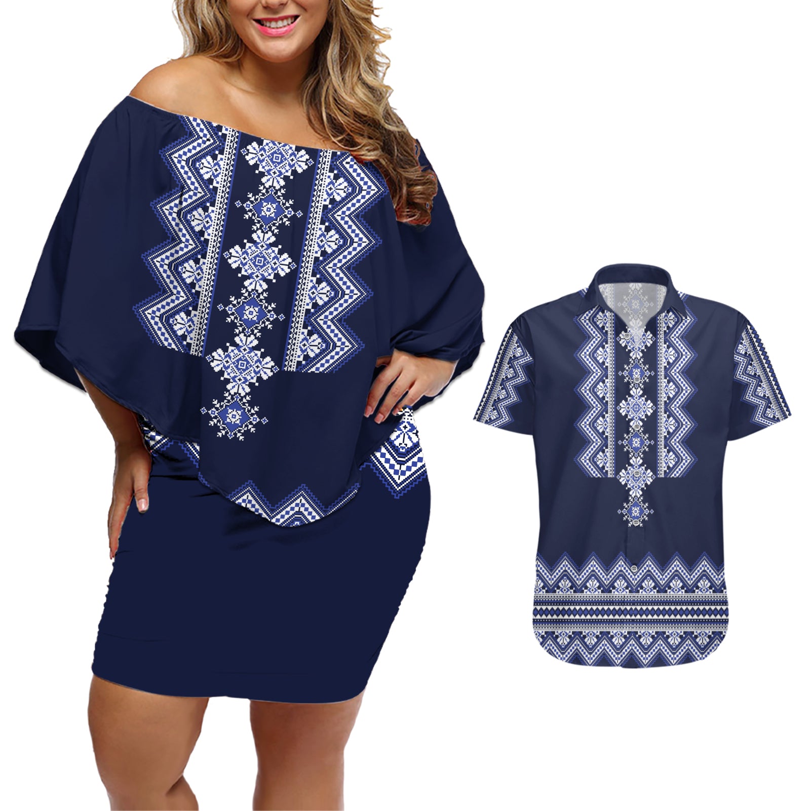 Ukraine Folk Pattern Couples Matching Off Shoulder Short Dress and Hawaiian Shirt Ukrainian Navy Blue Version - Wonder Print Shop