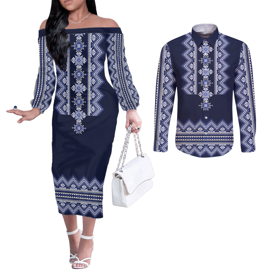 ukraine-folk-pattern-couples-matching-off-the-shoulder-long-sleeve-dress-and-long-sleeve-button-shirt-ukrainian-navy-blue-version