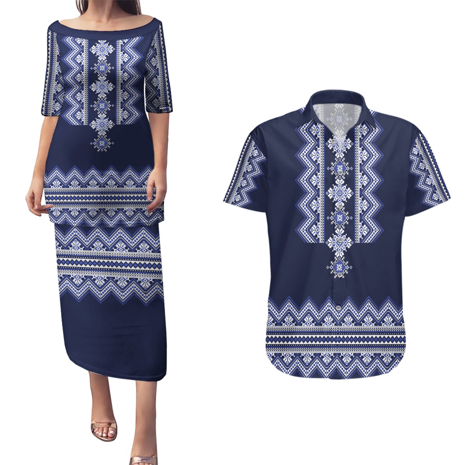 Ukraine Folk Pattern Couples Matching Puletasi Dress and Hawaiian Shirt Ukrainian Navy Blue Version - Wonder Print Shop