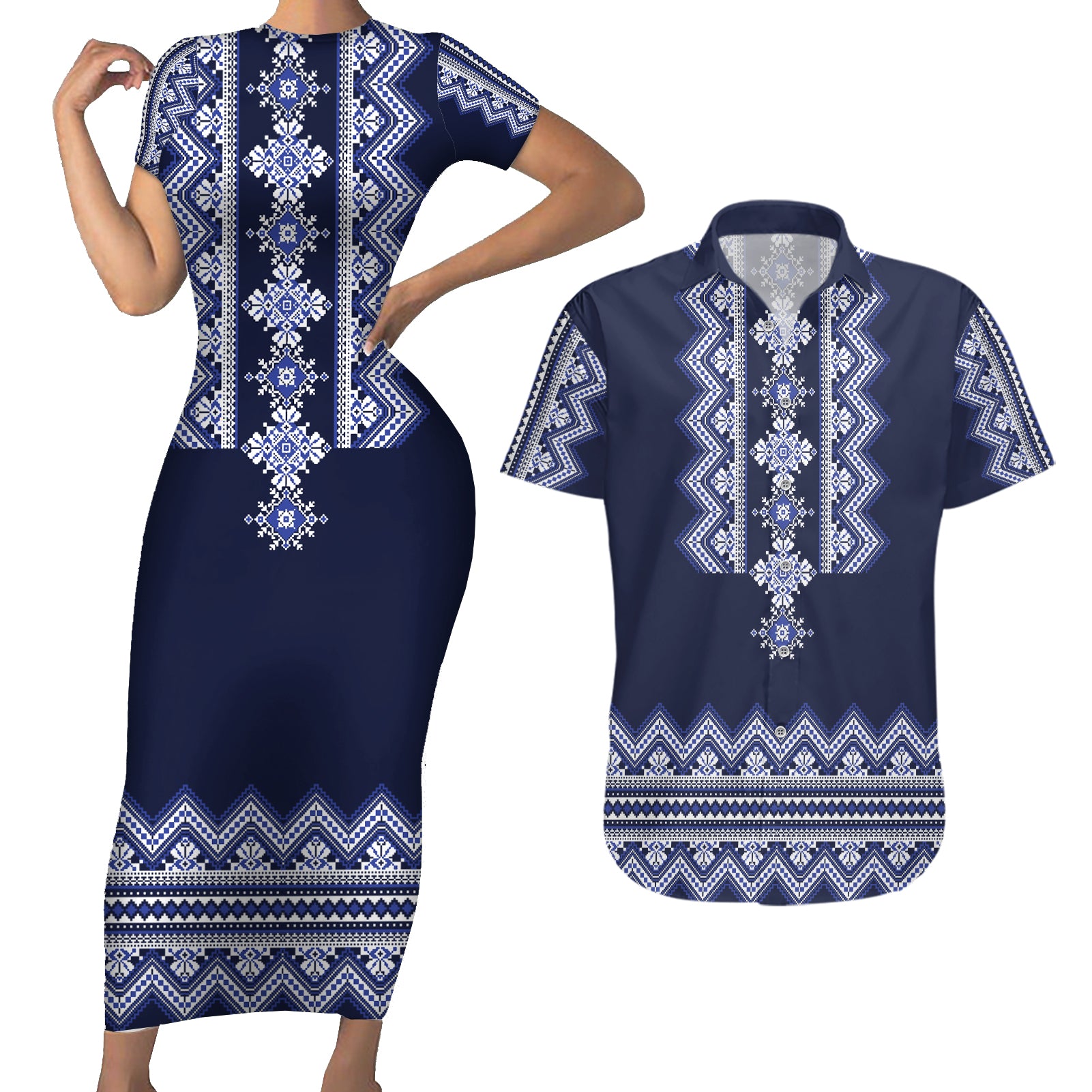 Ukraine Folk Pattern Couples Matching Short Sleeve Bodycon Dress and Hawaiian Shirt Ukrainian Navy Blue Version - Wonder Print Shop