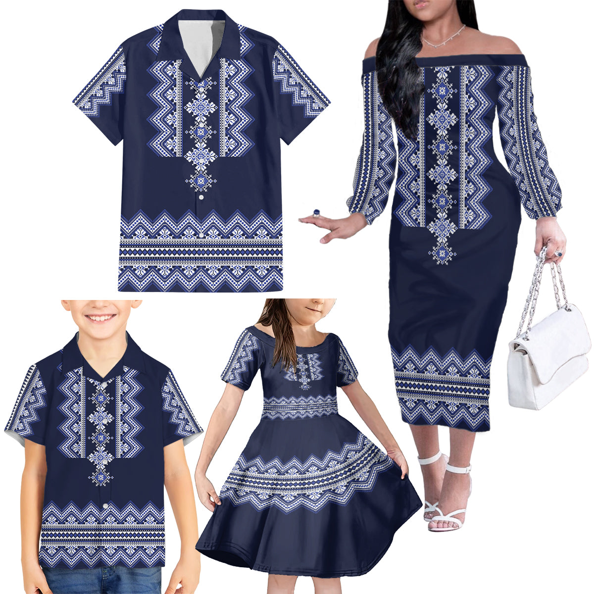 Ukraine Folk Pattern Family Matching Off Shoulder Long Sleeve Dress and Hawaiian Shirt Ukrainian Navy Blue Version - Wonder Print Shop