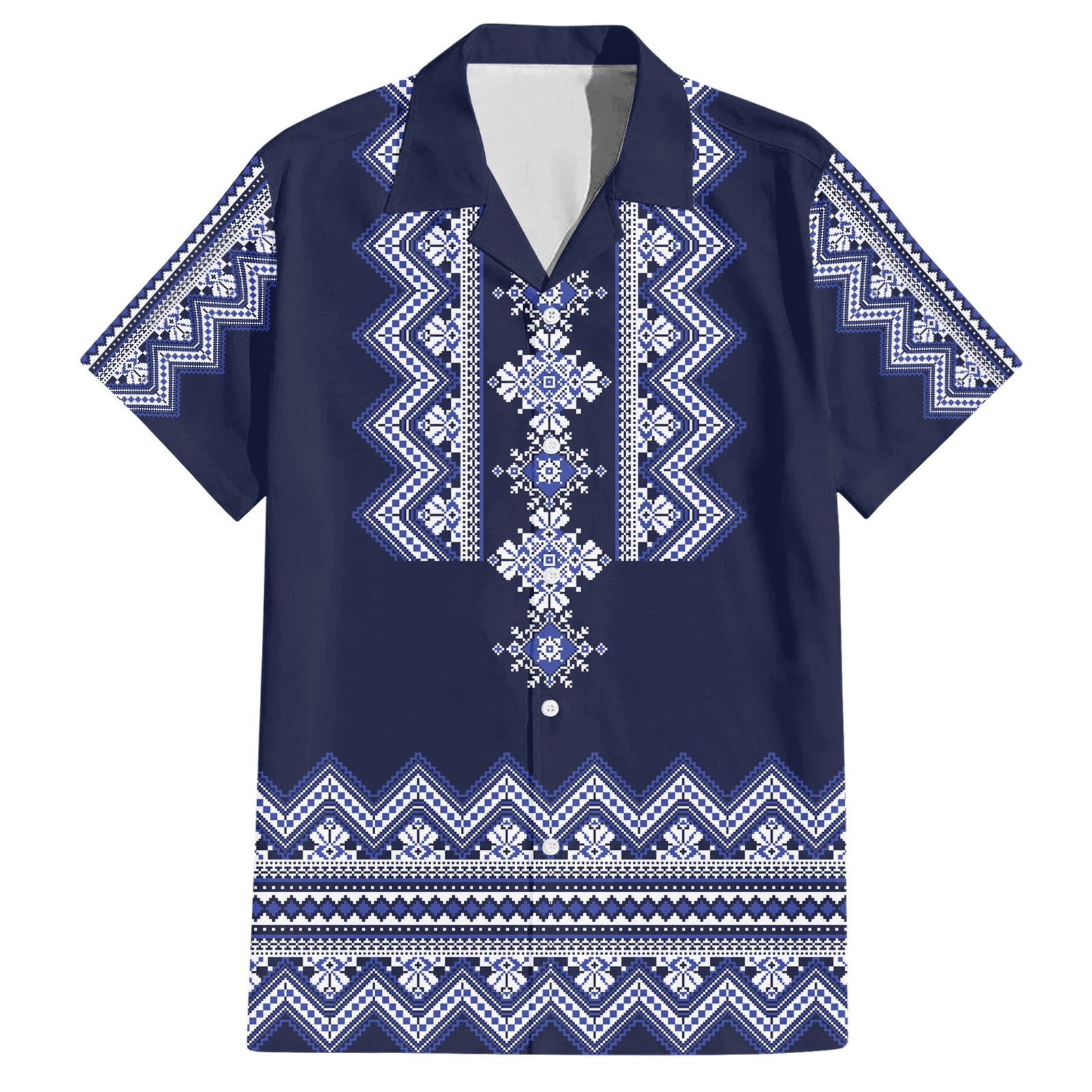 Ukraine Folk Pattern Hawaiian Shirt Ukrainian Navy Blue Version - Wonder Print Shop