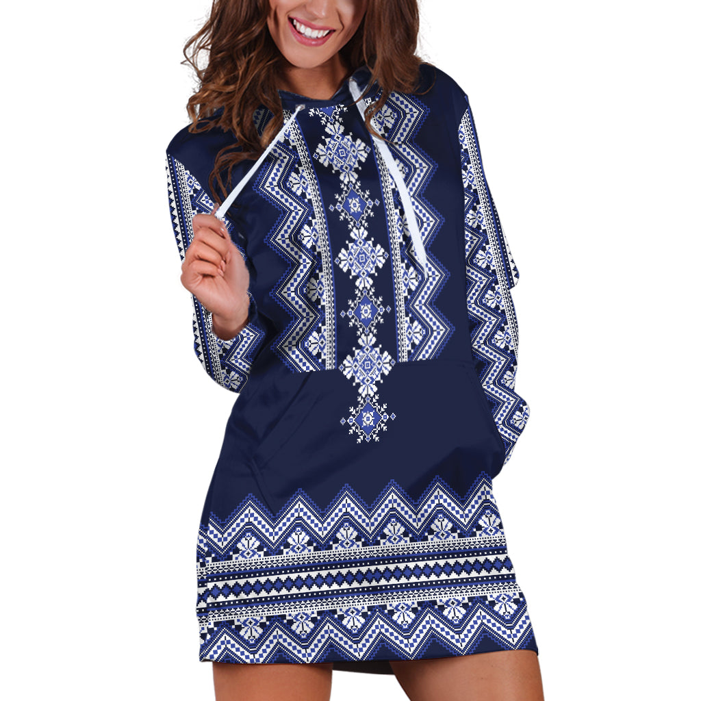 Ukraine Folk Pattern Hoodie Dress Ukrainian Navy Blue Version - Wonder Print Shop