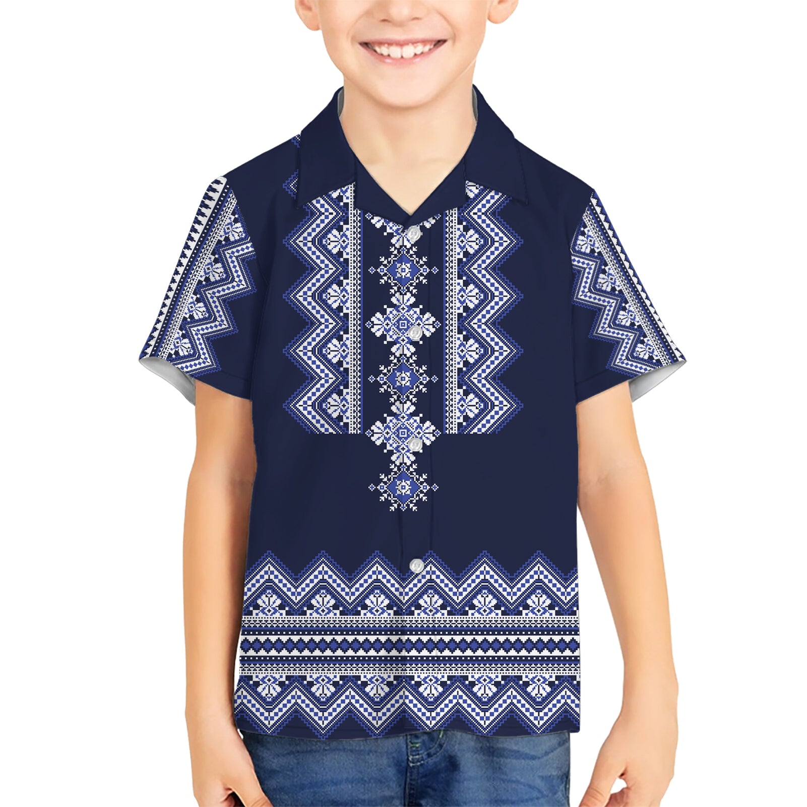 Ukraine Folk Pattern Kid Hawaiian Shirt Ukrainian Navy Blue Version - Wonder Print Shop