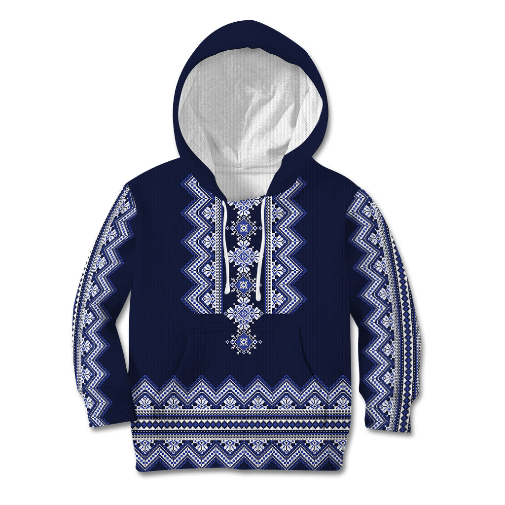 Ukraine Folk Pattern Kid Hoodie Ukrainian Navy Blue Version - Wonder Print Shop