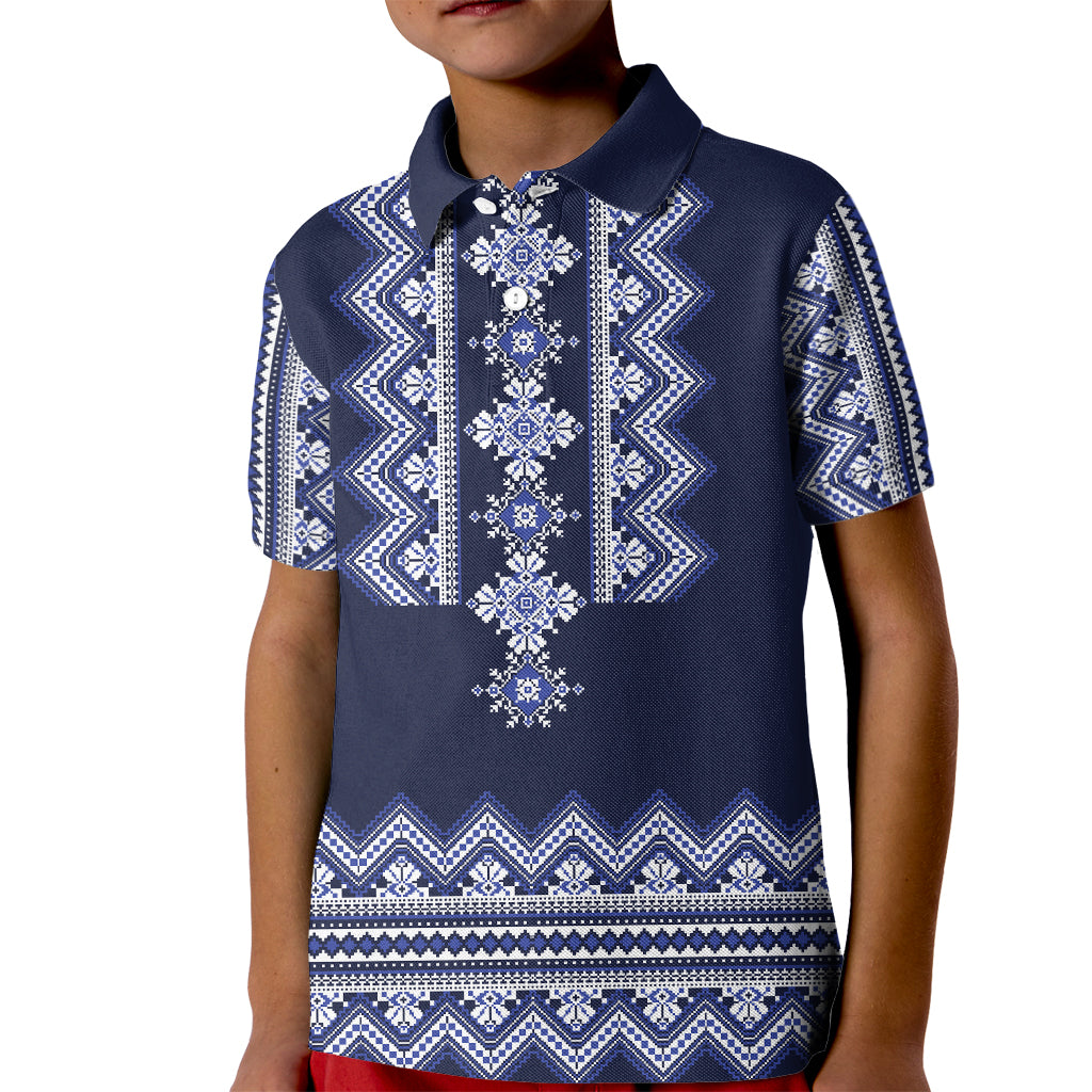 Ukraine Folk Pattern Kid Polo Shirt Ukrainian Navy Blue Version - Wonder Print Shop