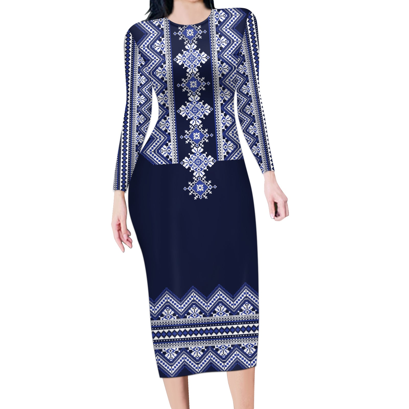 Ukraine Folk Pattern Long Sleeve Bodycon Dress Ukrainian Navy Blue Version - Wonder Print Shop