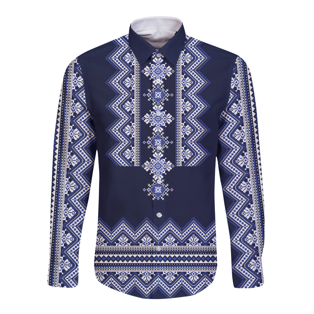 Navy long-sleeve button shirt with white folk geometric pattern, front
