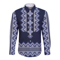 Navy long-sleeve button shirt with white folk geometric pattern, front