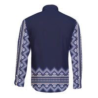 Navy long-sleeve button shirt with white folk geometric pattern, back