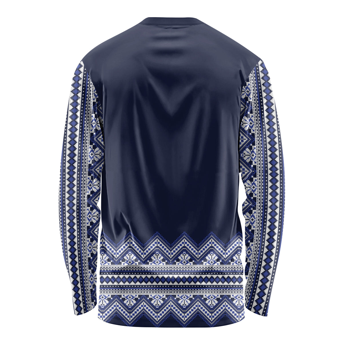 Unisex long-sleeve shirt back view, dark blue with white folk geometric border print