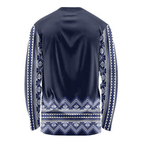 Unisex long-sleeve shirt back view, dark blue with white folk geometric border print