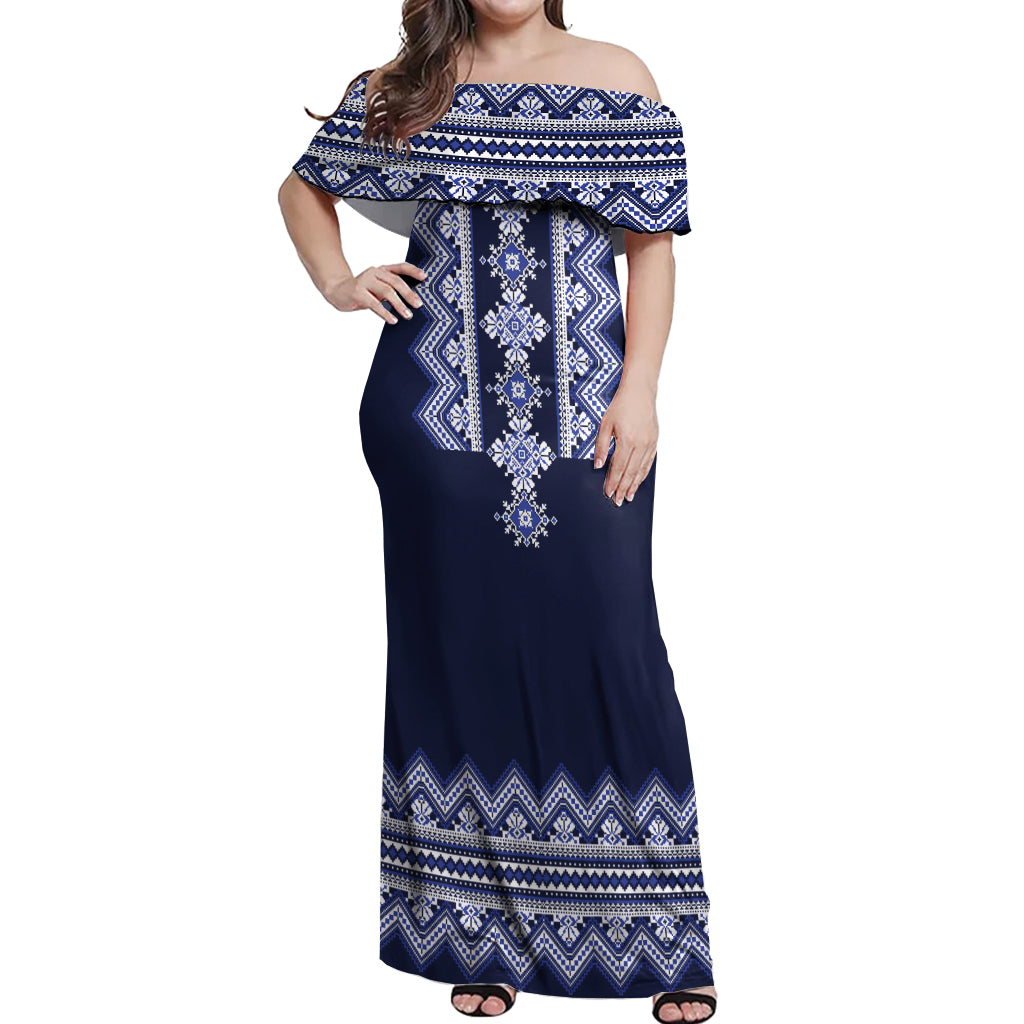 Ukraine Folk Pattern Off Shoulder Maxi Dress Ukrainian Navy Blue Version - Wonder Print Shop