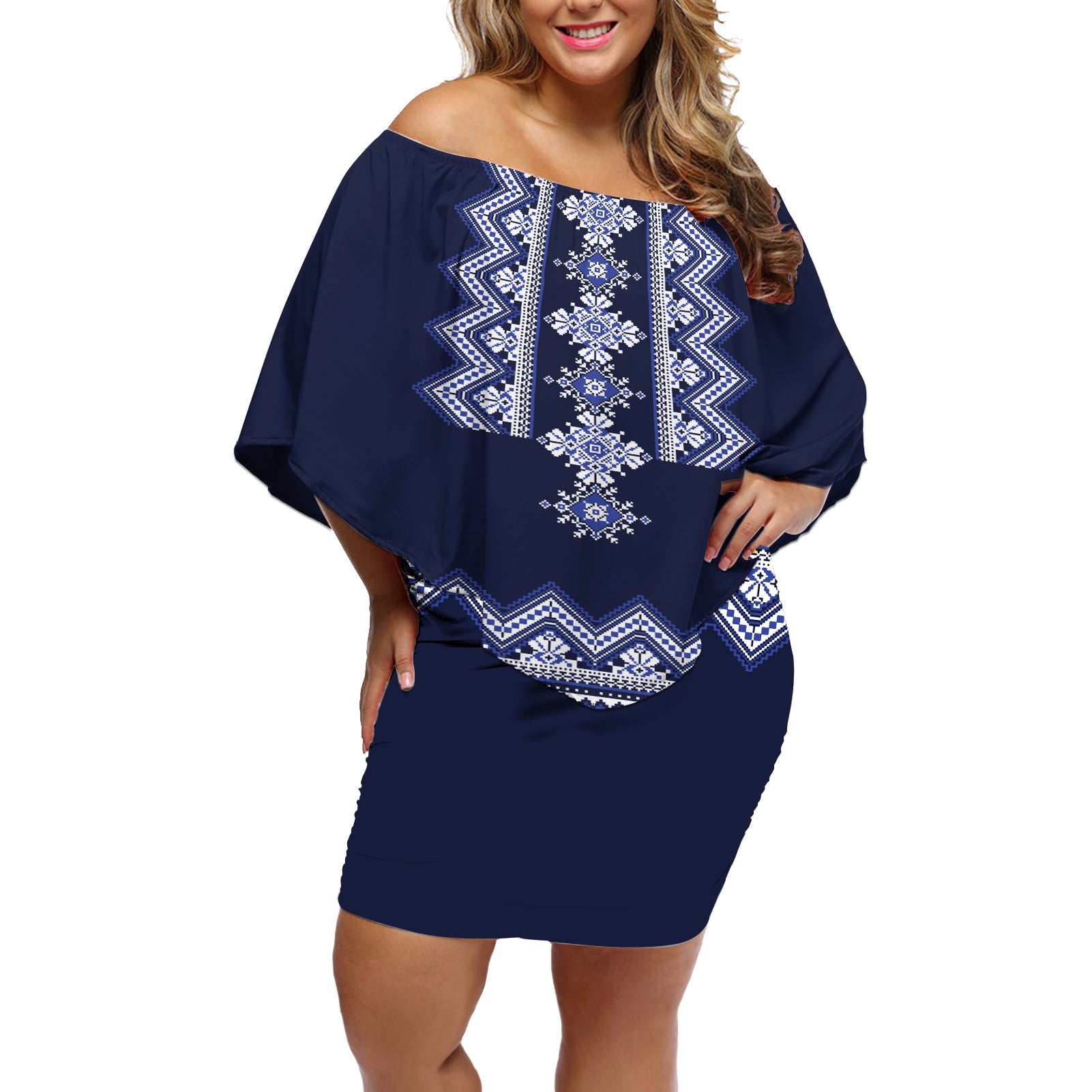 Ukraine Folk Pattern Off Shoulder Short Dress Ukrainian Navy Blue Version - Wonder Print Shop