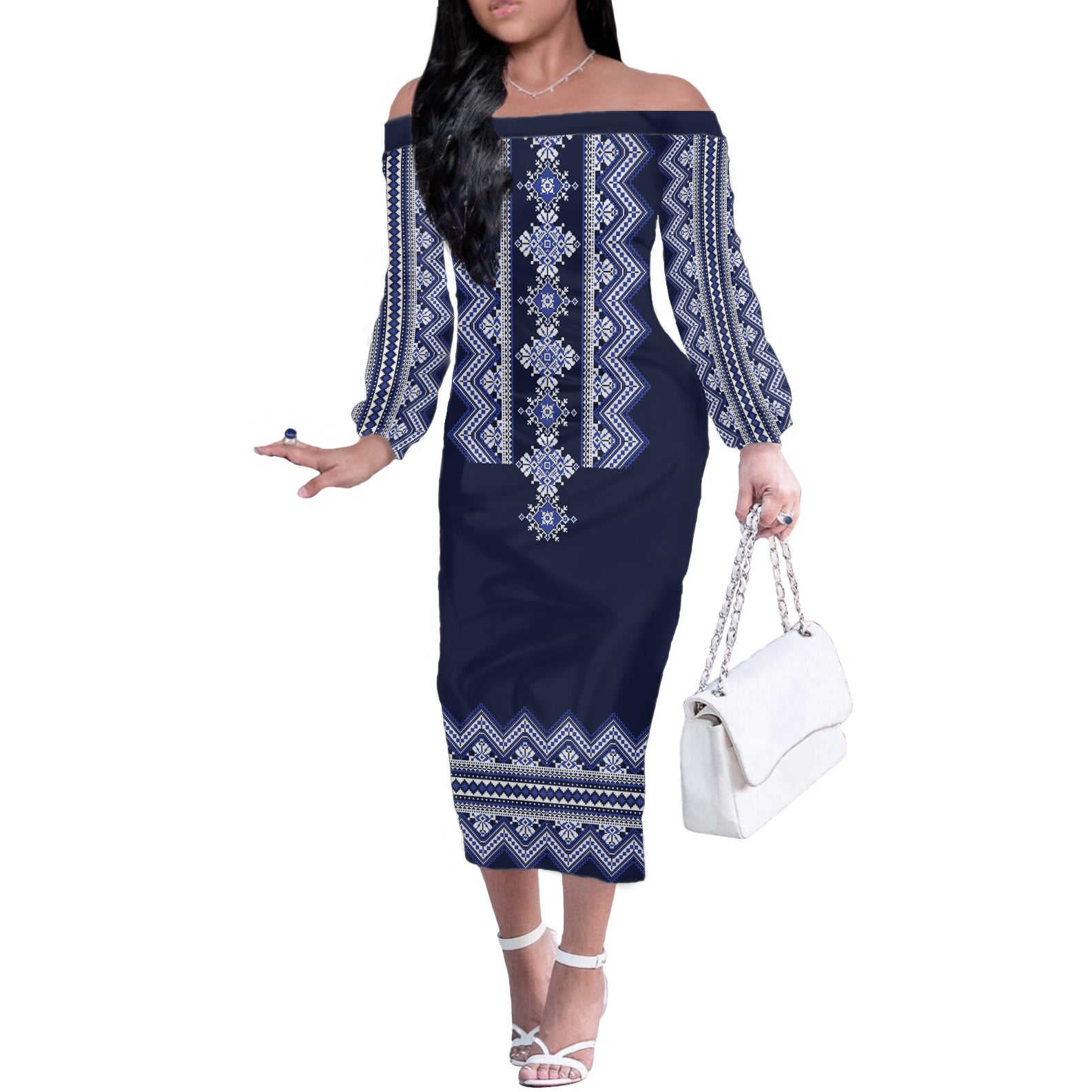 Ukraine Folk Pattern Off The Shoulder Long Sleeve Dress Ukrainian Navy Blue Version - Wonder Print Shop