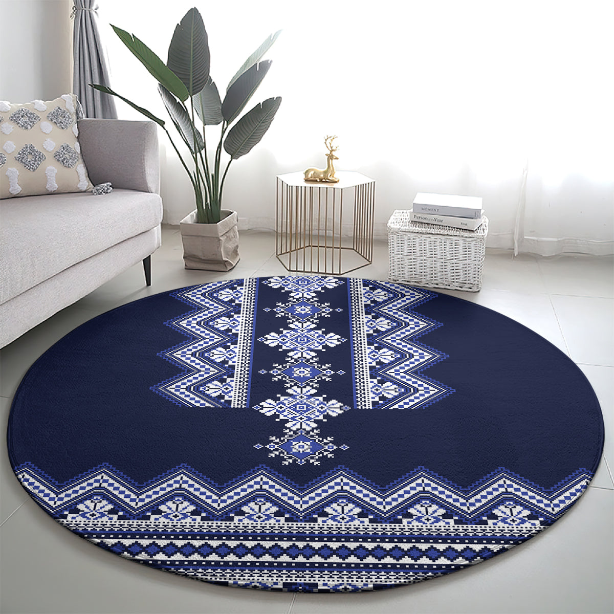 Round navy blue rug with wide vertical stripes and white geometric motifs