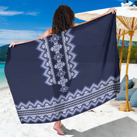 Navy blue sarong with white folk geometric border pattern, draped wide