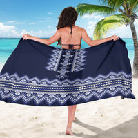 Navy blue sarong with central vertical motif and white geometric trim, back view