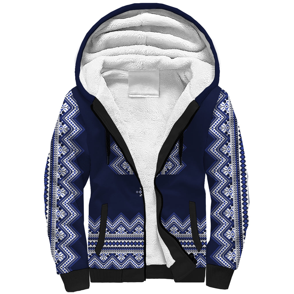 Ukraine Folk Pattern Sherpa Hoodie Ukrainian Navy Blue Version - Wonder Print Shop