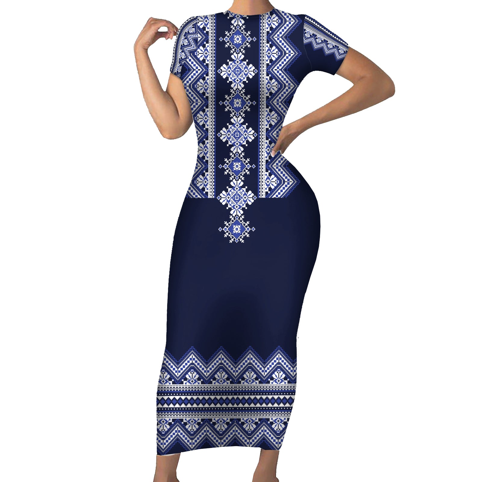 Ukraine Folk Pattern Short Sleeve Bodycon Dress Ukrainian Navy Blue Version - Wonder Print Shop