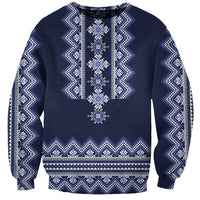 Navy crewneck sweatshirt with white-blue folk pattern across front, long sleeves