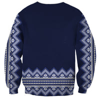 Navy crewneck sweatshirt with folk pattern band along hem and cuffs, long sleeves