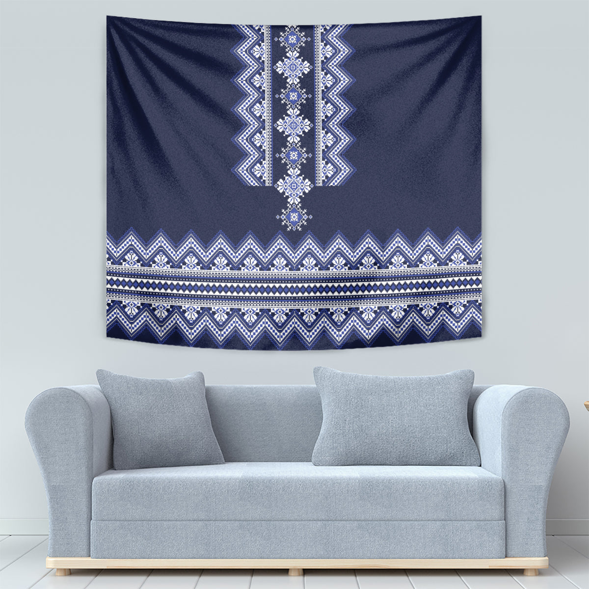 Navy blue rectangular folk tapestry with central vertical diamond motif and patterned hem border