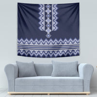 Navy blue rectangular folk tapestry with central vertical diamond motif and patterned hem border