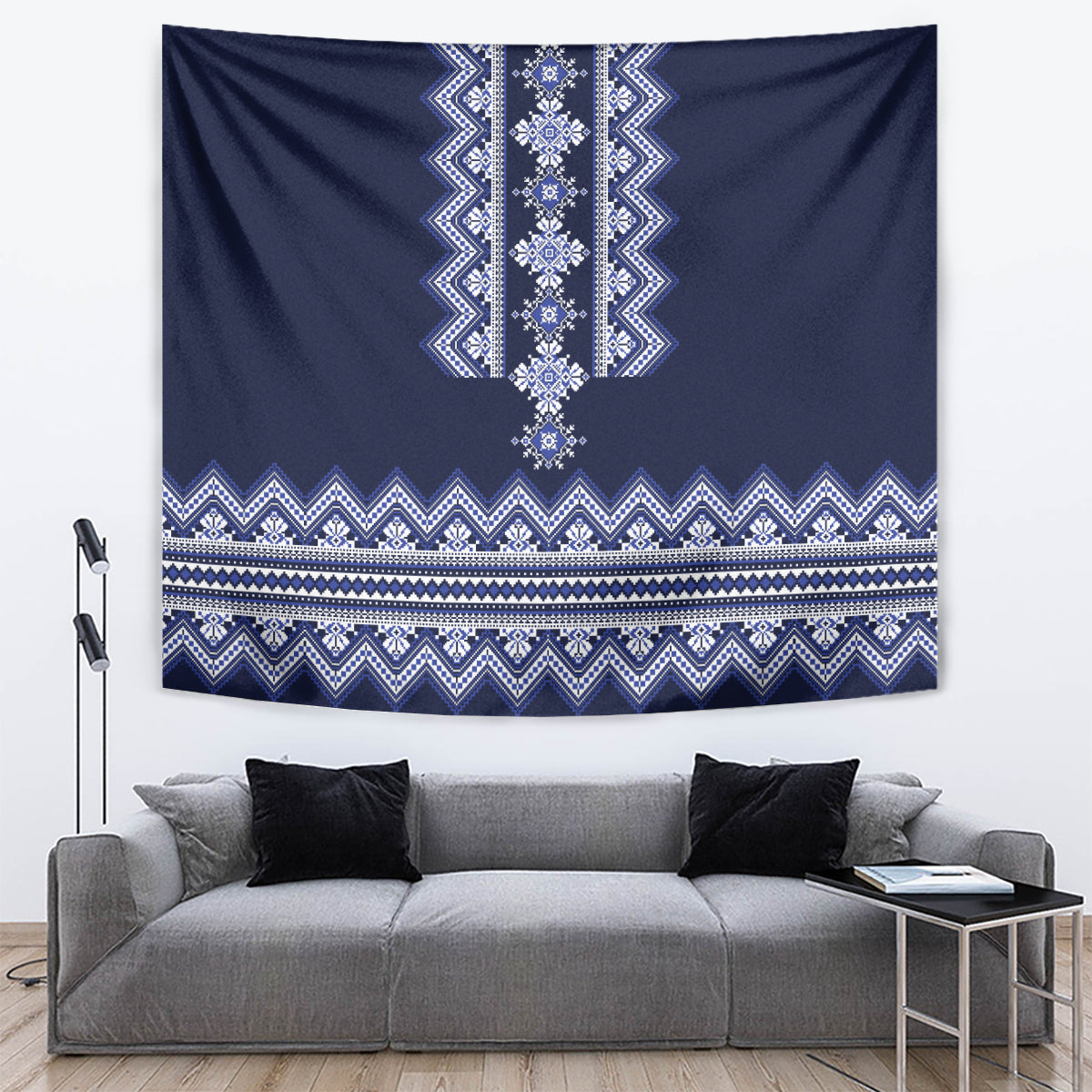 Navy blue rectangular tapestry featuring a vertical ornament and multi-row zigzag bands