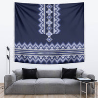 Navy blue rectangular tapestry featuring a vertical ornament and multi-row zigzag bands