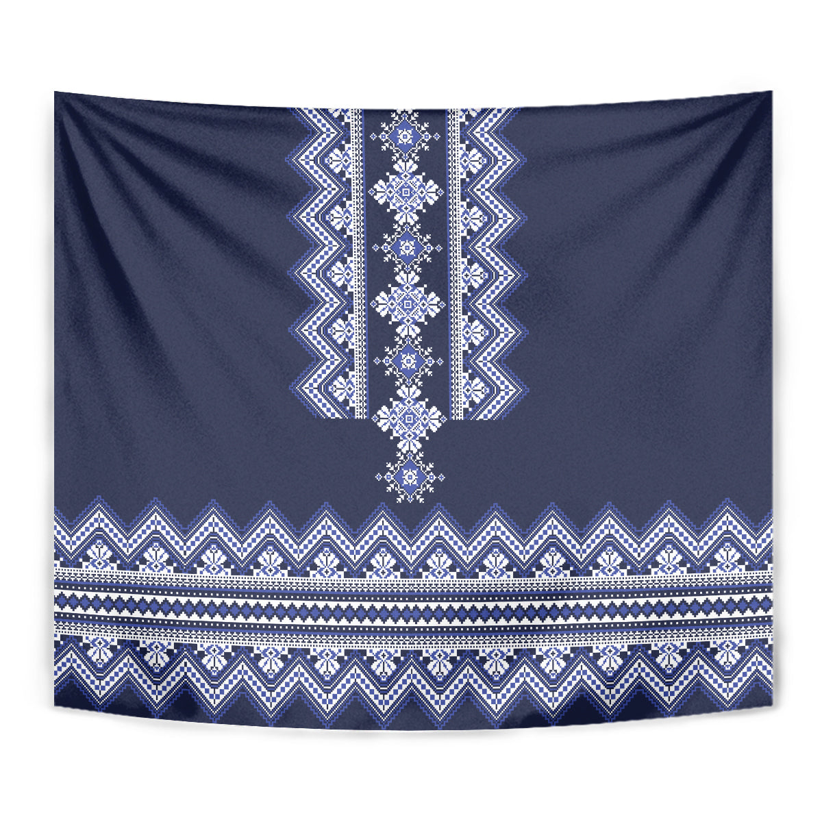 Navy blue folk pattern tapestry close view: vertical center motif with zigzag bands