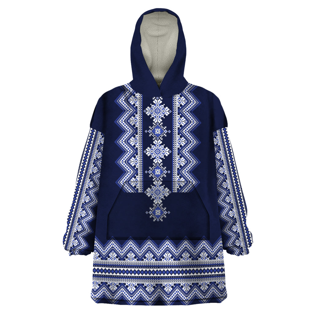 Ukraine Folk Pattern Wearable Blanket Hoodie Ukrainian Navy Blue Version - Wonder Print Shop