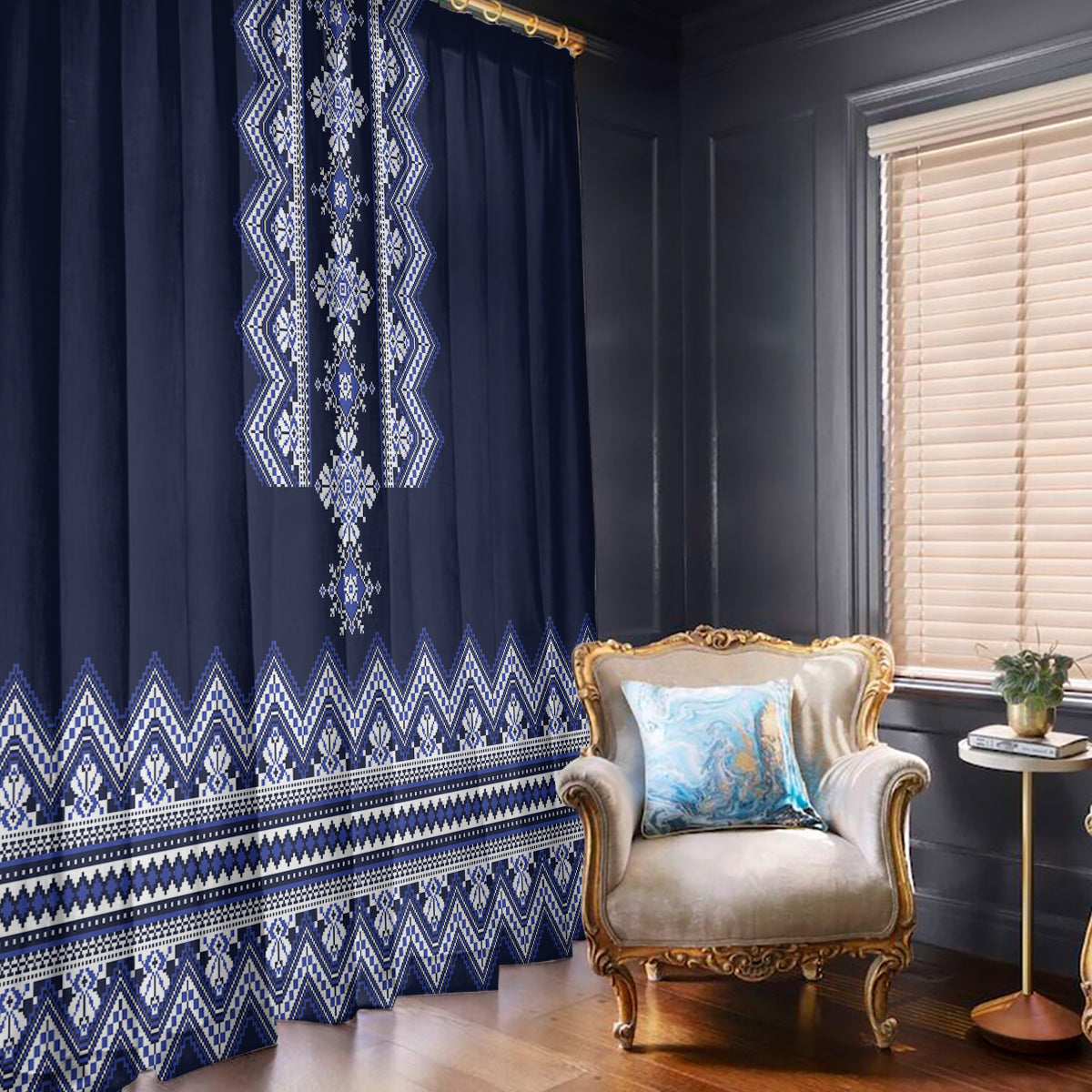 Navy folk pattern window curtain with vertical diamond striping and blue zigzag hem.