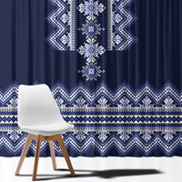 Navy folk window curtain with central vertical ornament panel and patterned lower band.