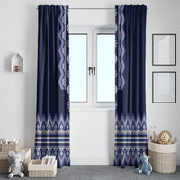Two-panel navy curtains with white folk bands; narrow vertical stripe detail near edges.