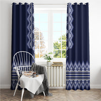Navy window curtains with white geometric side panels and blue zigzag border at the bottom.